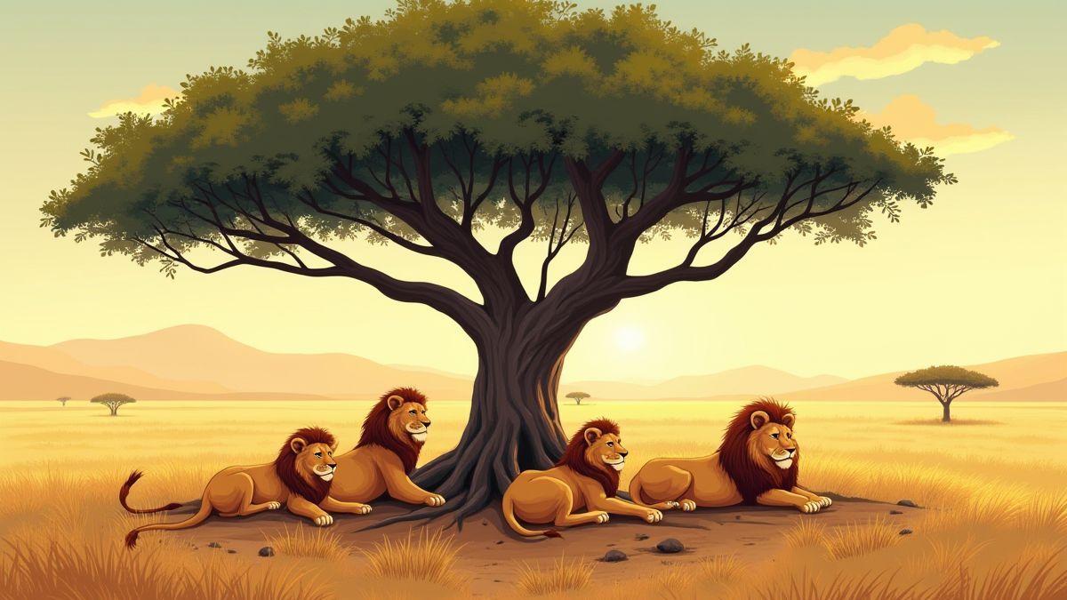 Leones descansando bajo un árbol en la sabana.