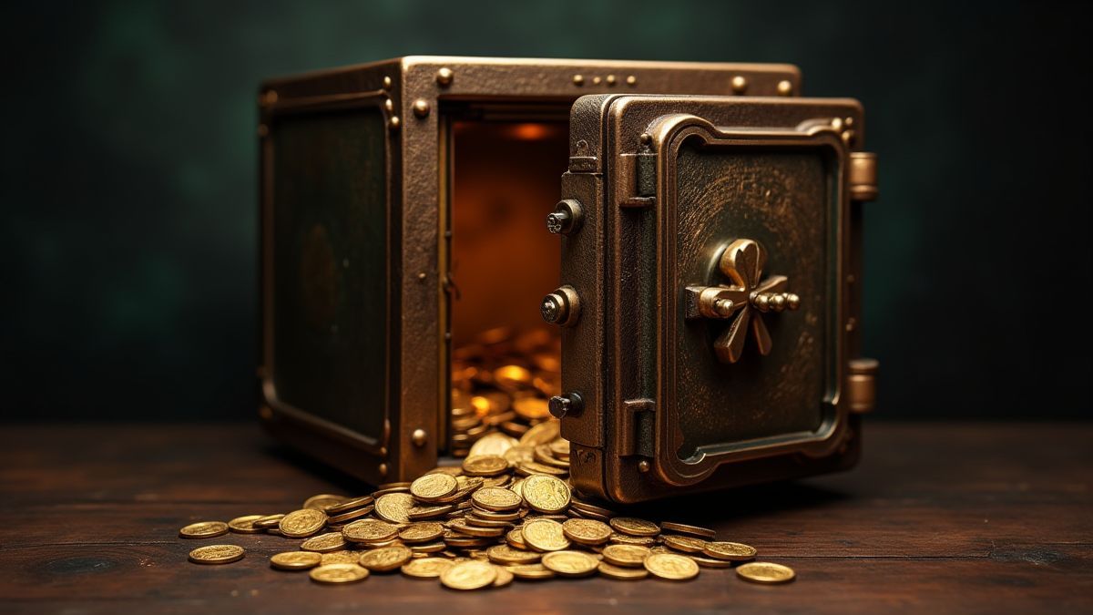 Une caisse forte vintage avec des pièces d'or sortant.
