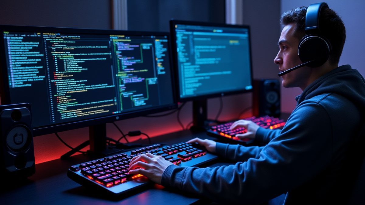 Configuration de hacker futuriste avec des claviers et des écrans brillants.