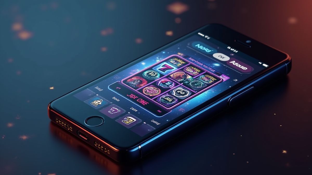 Téléphone mobile montrant l'interface futuriste d'un jeu de machines à sous.