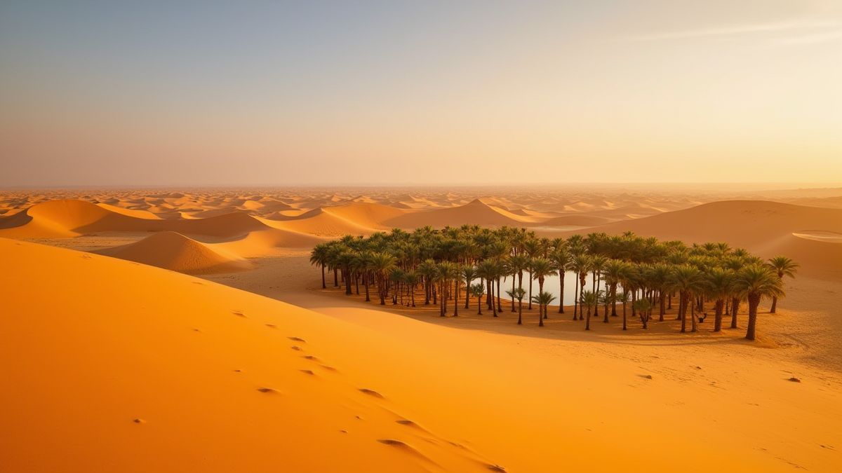Désert doré avec un oasis entouré de palmiers.