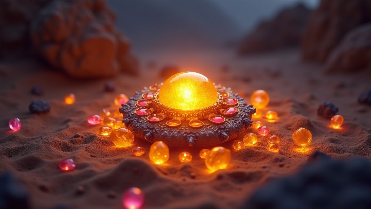 Amulette magique entourée de gemmes brillantes dans le désert.