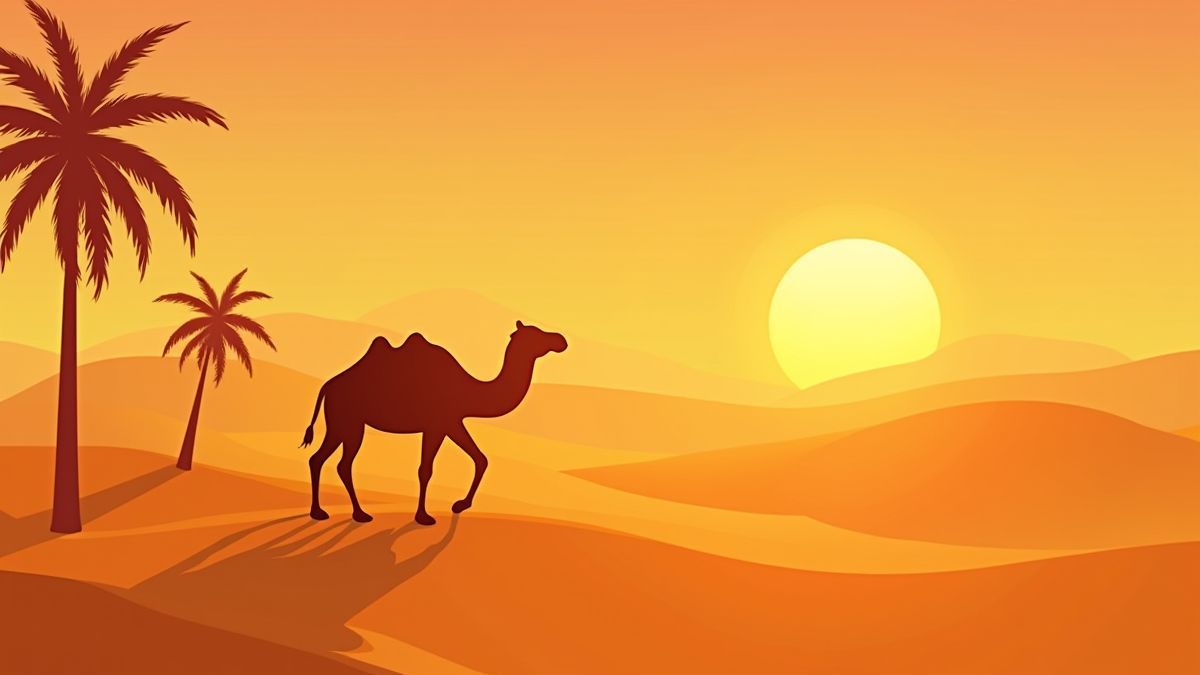 Ein Kamel, das über goldene Sanddünen unter einem strahlenden Sonnenuntergang wandert.