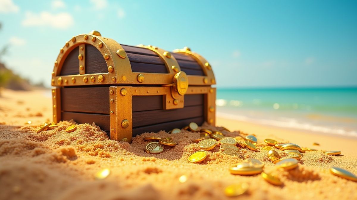 Eine Schatztruhe, die teilweise im goldenen Sand vergraben ist, umgeben von glänzenden Münzen und Juwelen.