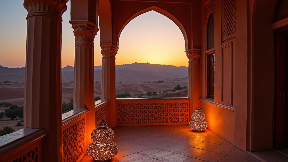 Arabian palace balcony with glowing lanterns and desert in the background.