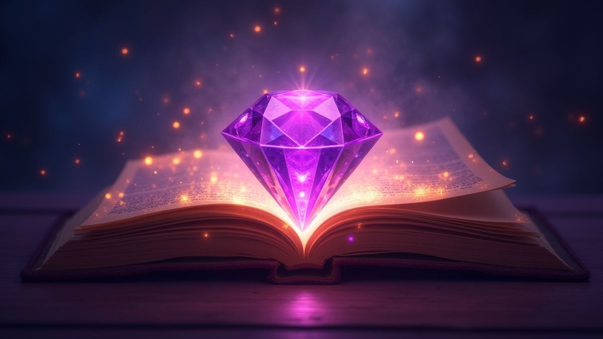 Magic book with violet gemstone and magical sparkles.