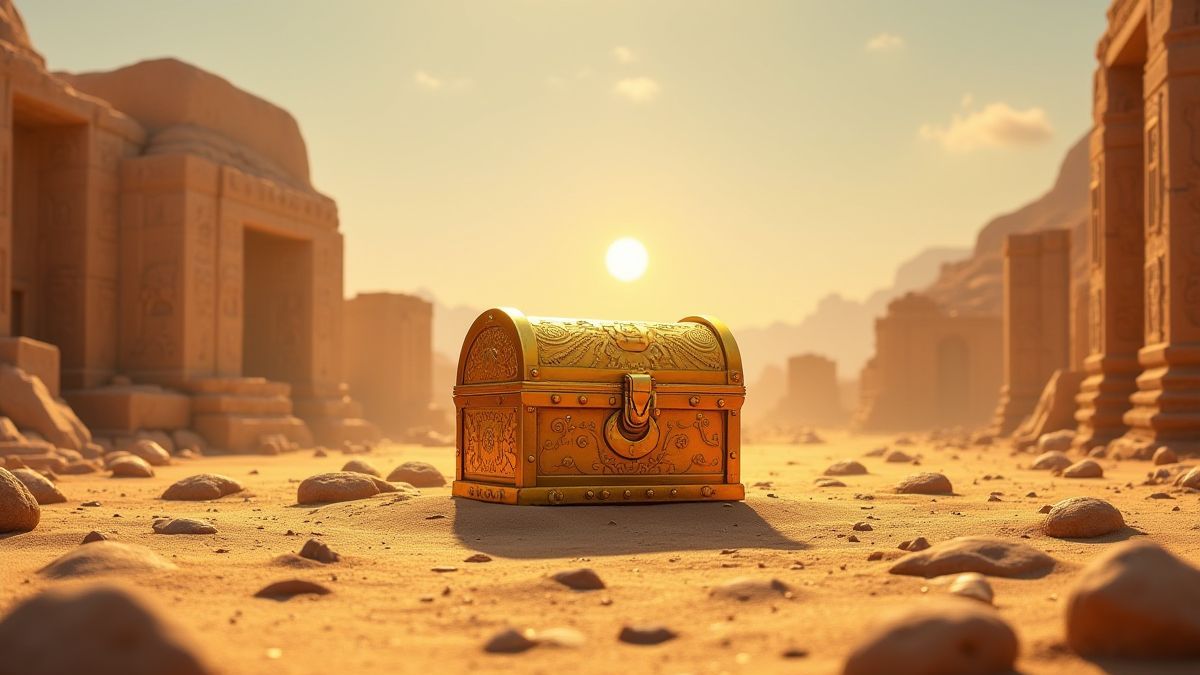 Un cofre del tesoro dorado en medio del desierto rodeado de ruinas antiguas.