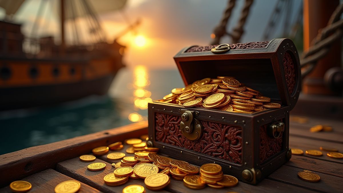 Cofre del tesoro lleno de monedas de oro y joyas en un barco pirata.