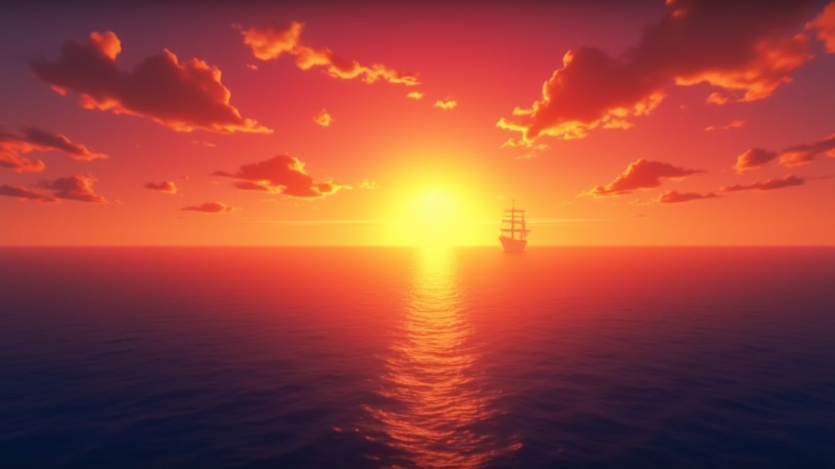 Un atardecer sobre el océano con un barco navegando hacia el horizonte.