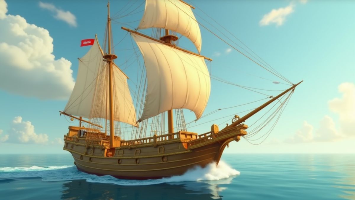 Un barco dorado navegando en aguas tranquilas.