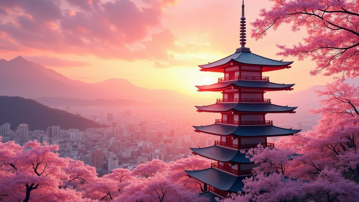 Una pagoda japonesa rodeada de cerezos en flor al atardecer.