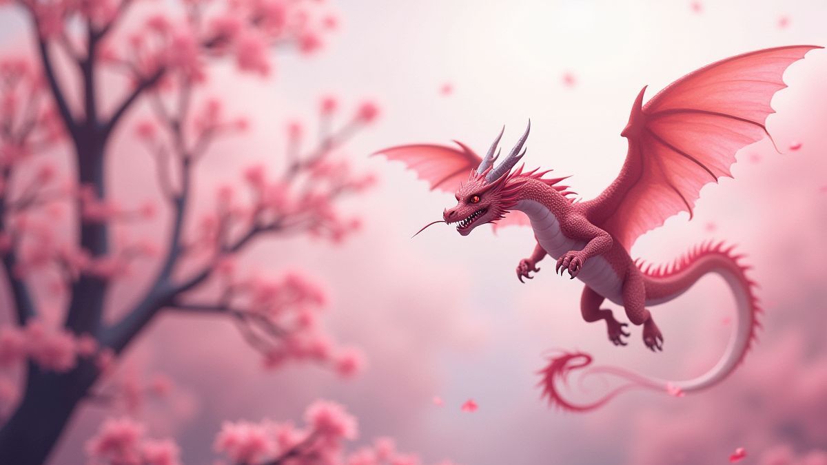 Dragones místicos volando sobre cerezos en flor.