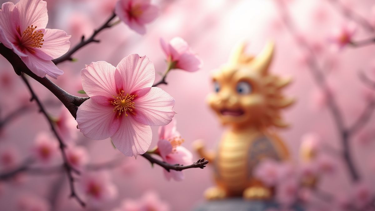 Fleurs de cerisier avec un dragon doré au fond