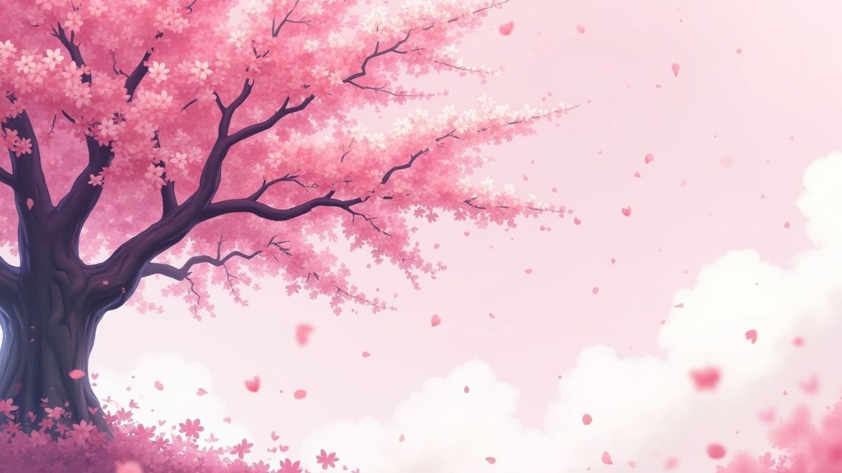 Ein japanischer Kirschbaum mit fallenden Blütenblättern unter einer sanften Brise.