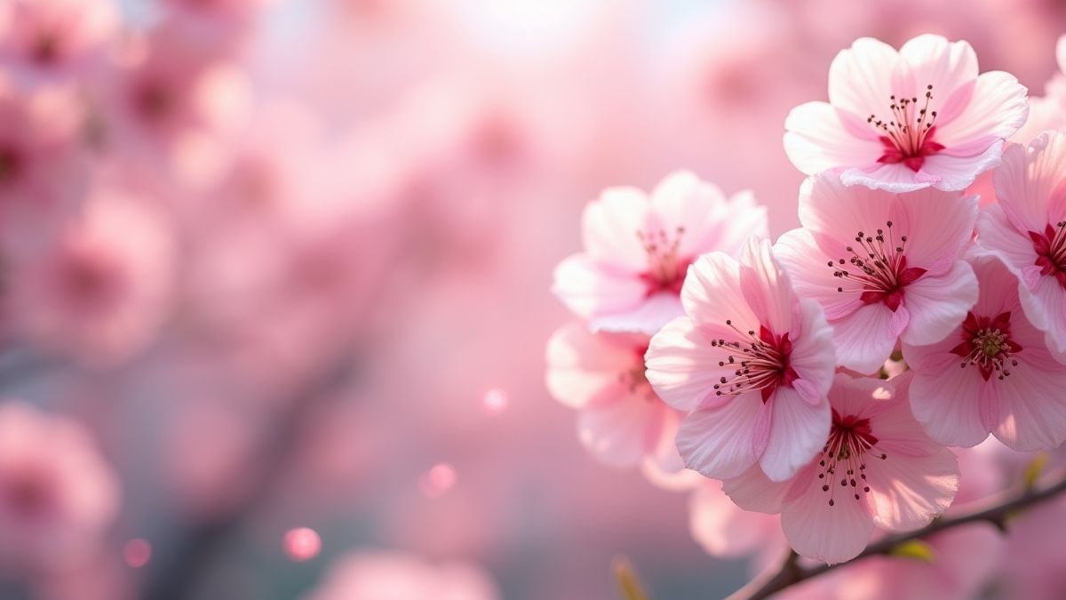 Cherry blossom flowers in an animated Japanese garden