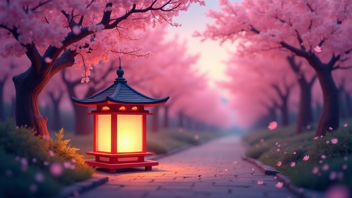 Japanese lantern in a garden with cherry blossoms