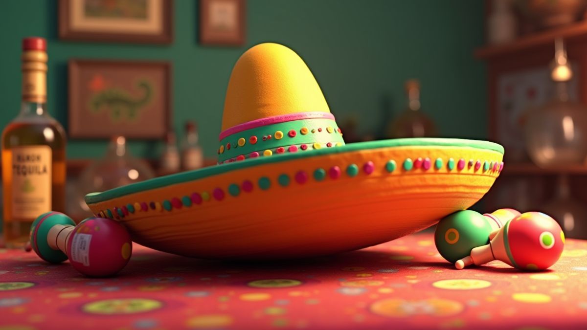 Sombrero mexicano rodeado de maracas e uma garrafa de tequila.