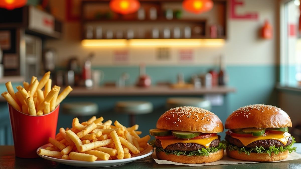 Un mostrador de diner vintage con hamburguesas y papas fritas.