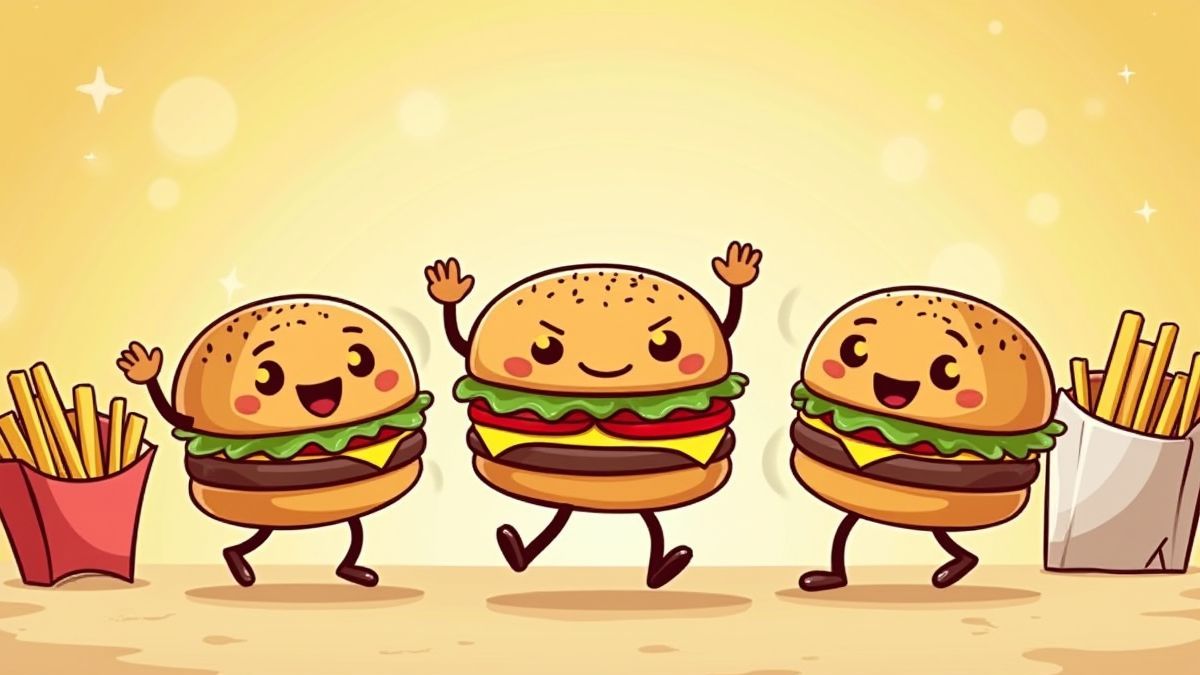 Hamburguesas y papas fritas animadas bailando.