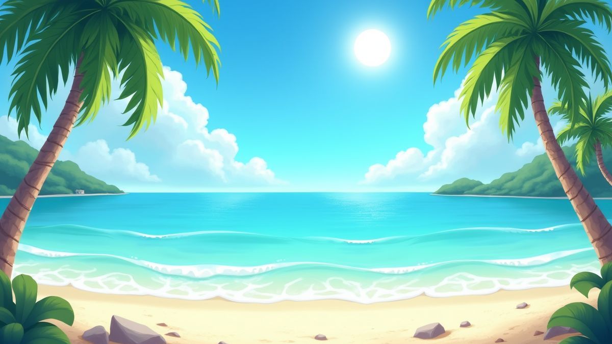 Animated tropical beach scene with palm trees and crystal-clear water under the sun.