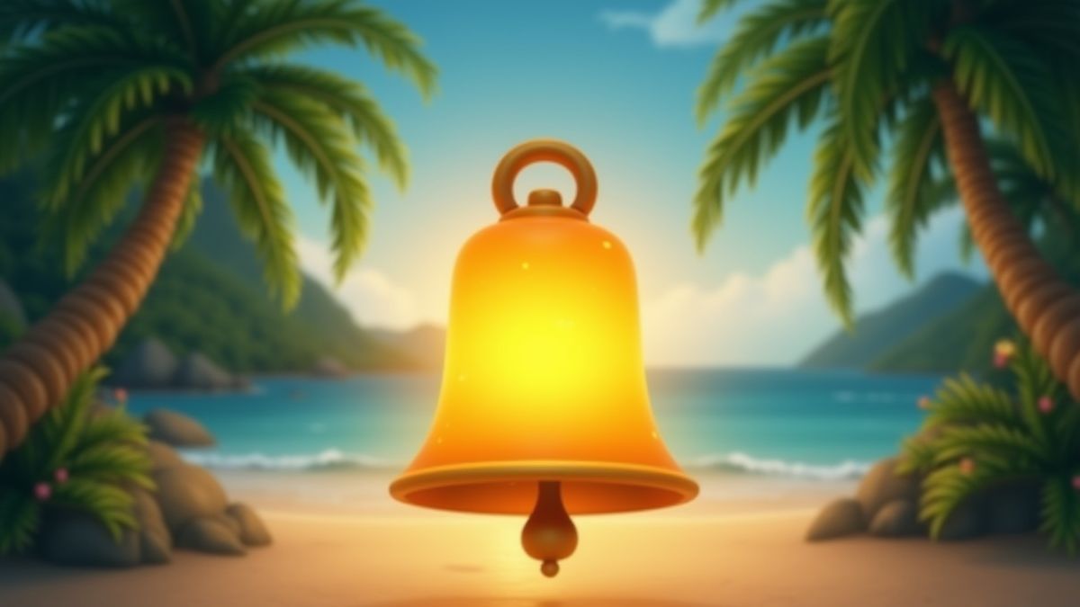 Animated golden bell glowing on a tropical beach background.
