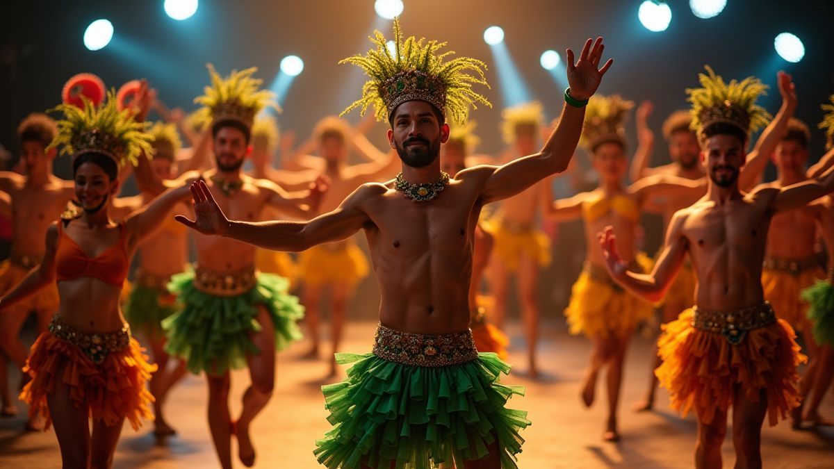 Bailarines brasileños actuando en un carnaval.