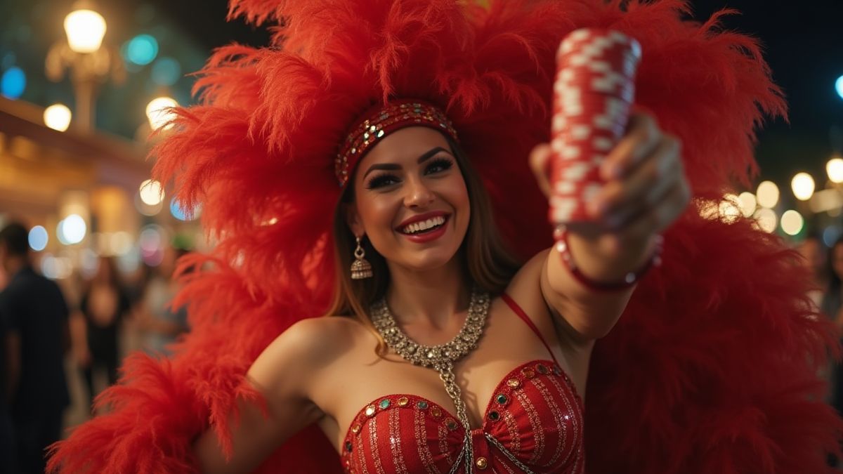 Bailarina de carnaval con fichas de casino.