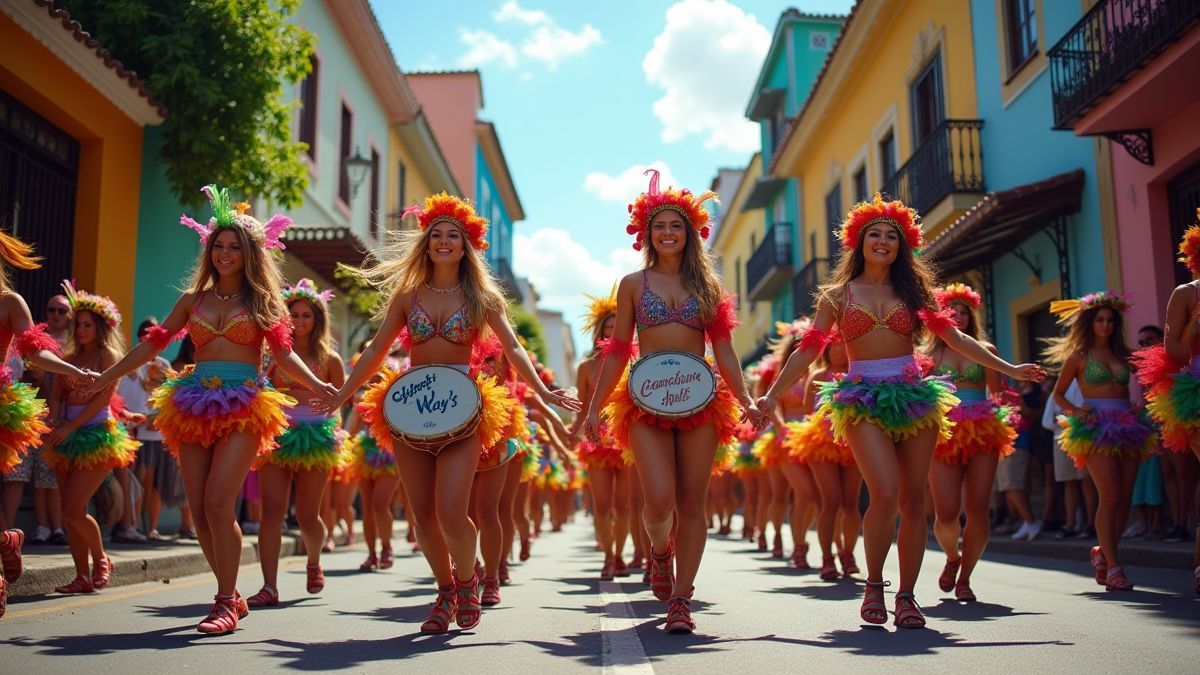 Carnival street with samba dancers and drums.