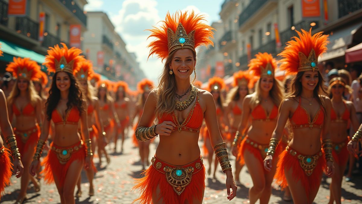 Festive carnival parade with samba dancers and confetti.
