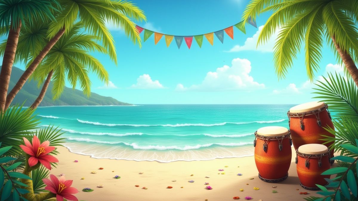 Tropisch strand versierd met drums en feestelijke decoraties