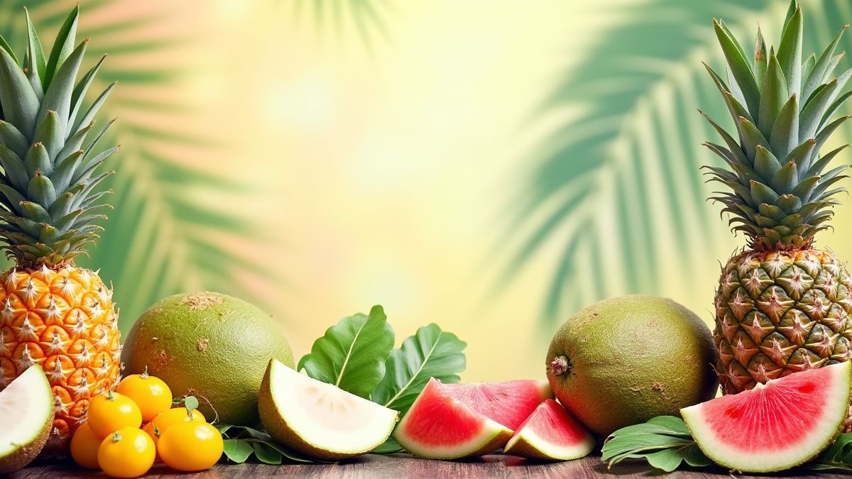 Frutas tropicales como cocos y piñas en un fondo festivo y colorido.