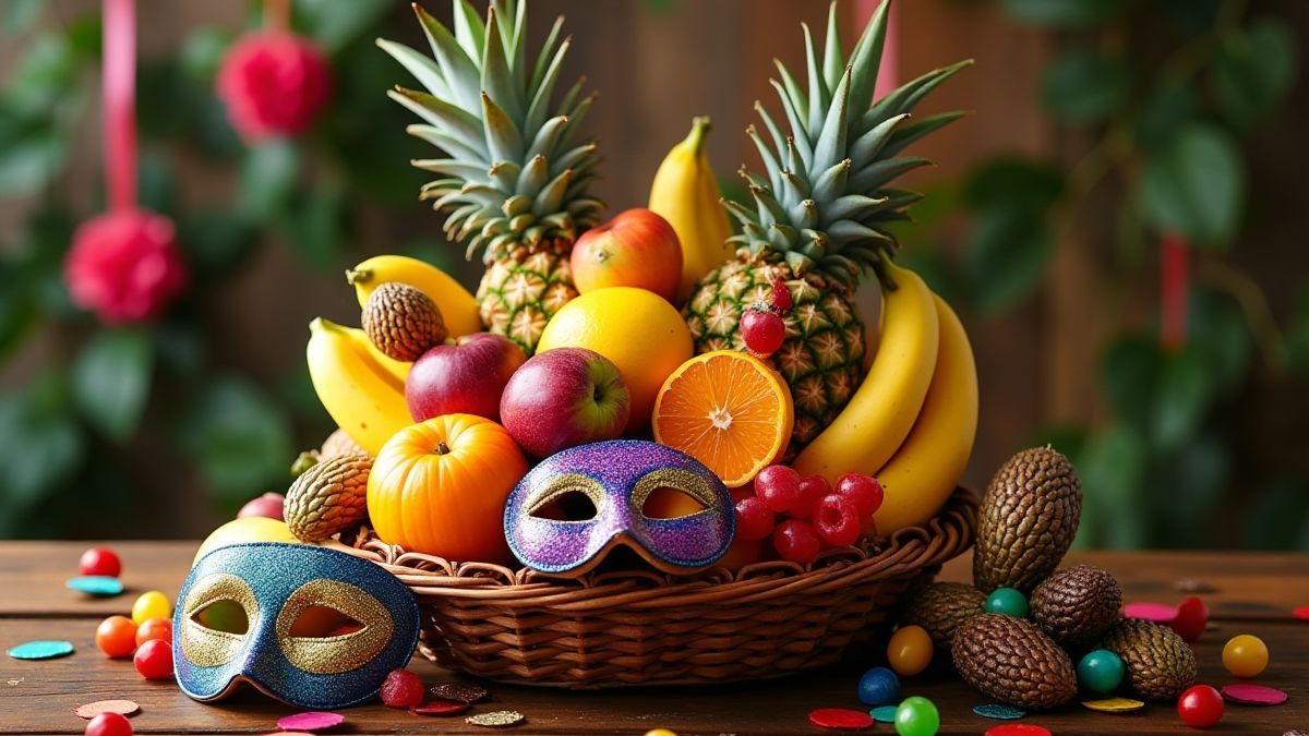 Tropische Früchte mit Maracas und Karnevals-Masken in einer festlichen Umgebung.