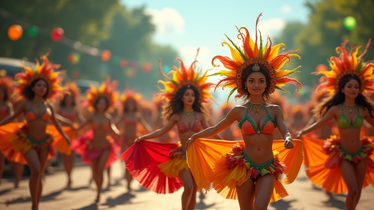 Desfile de carnaval brasileño con bailarines en trajes coloridos.