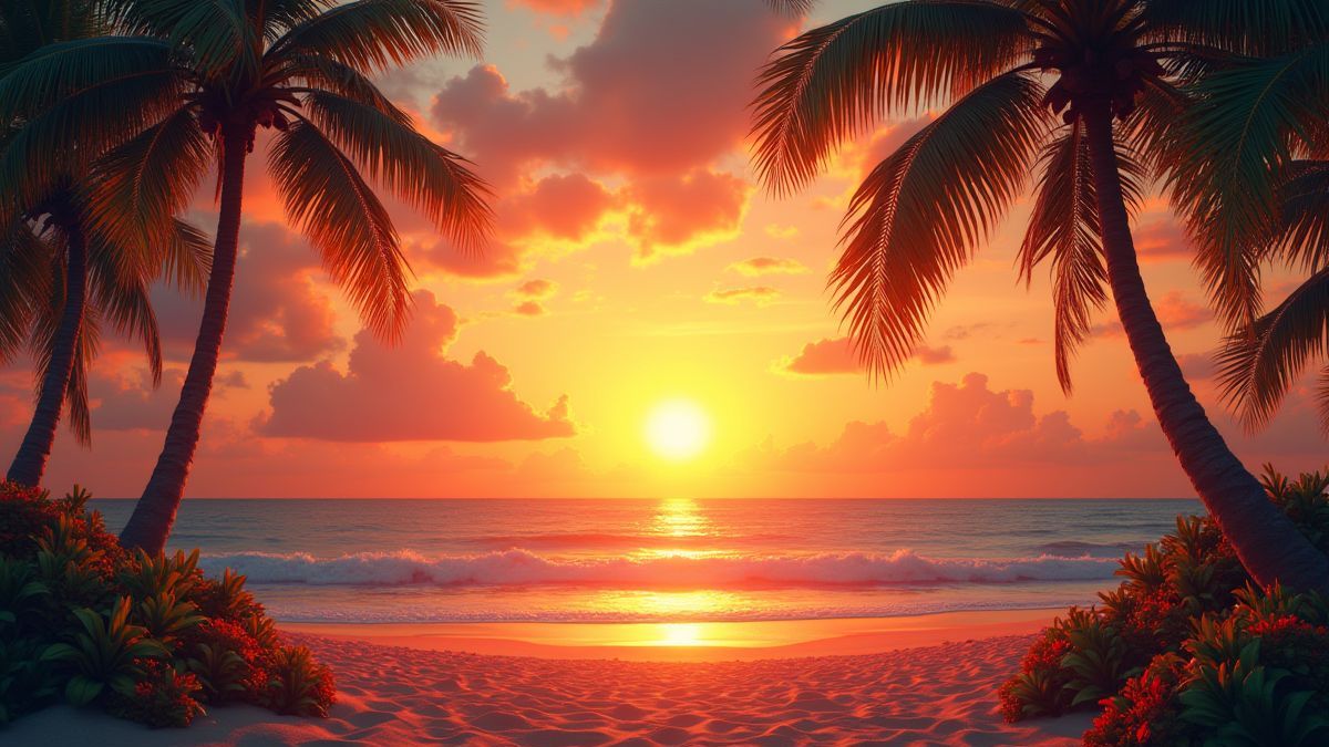 Escena de playa al atardecer con decoraciones de carnaval.