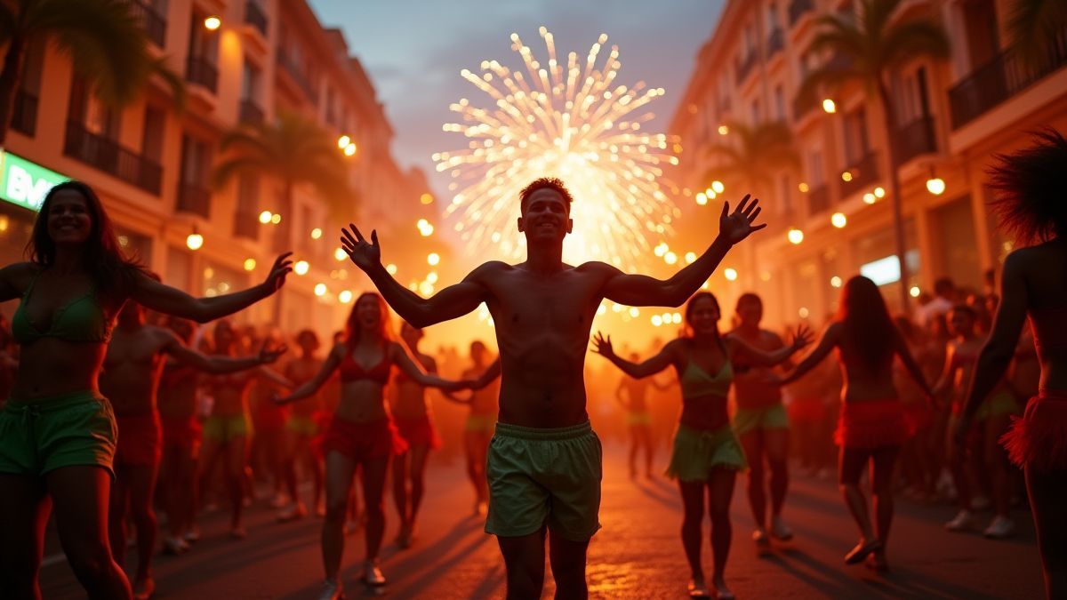 Festa de samba com bailarinos e fogos de artifício.
