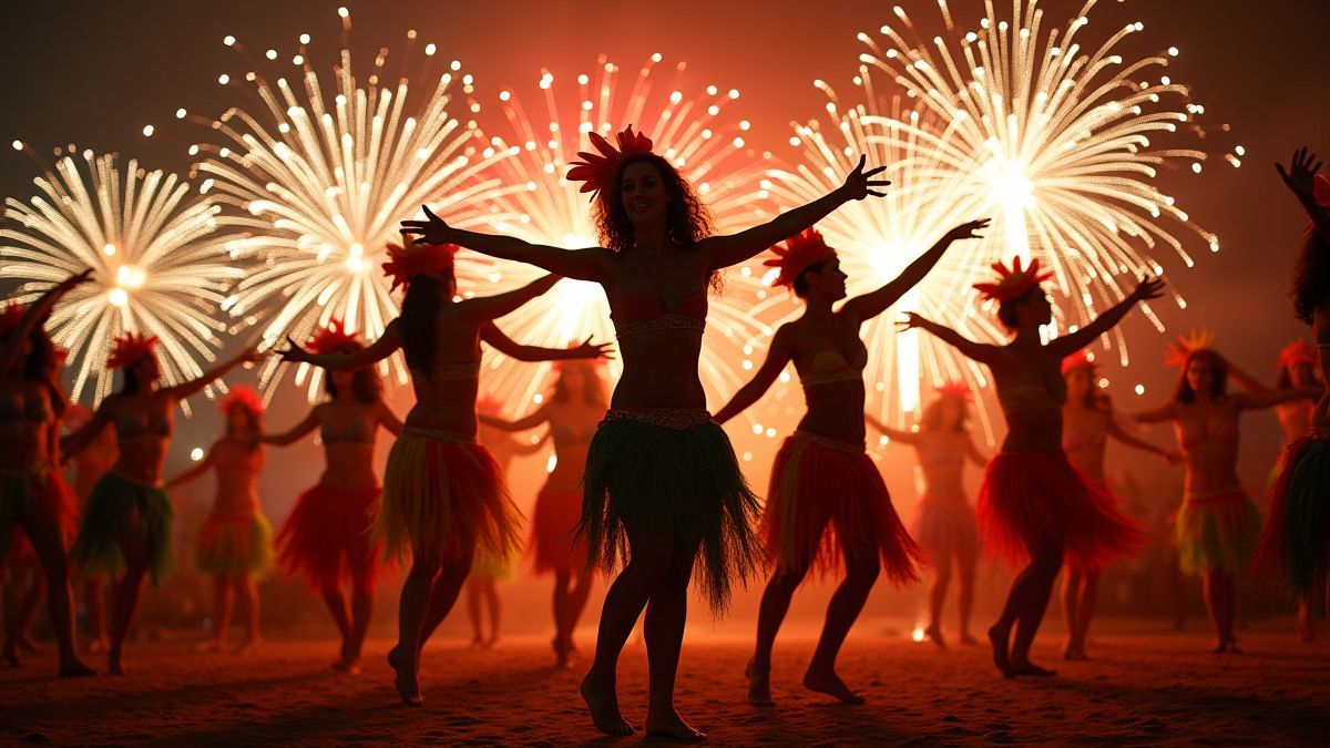 Bailarines de samba com fogos de artifício.
