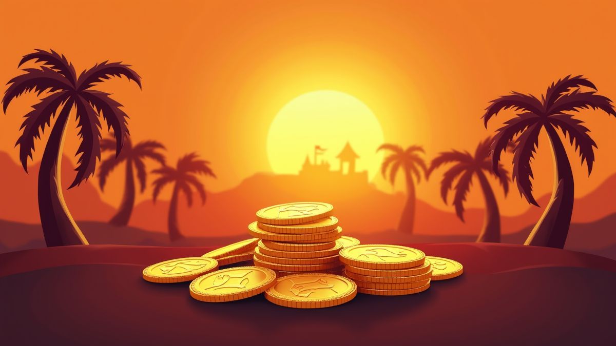 Pièces et palmiers sous un coucher de soleil tropical