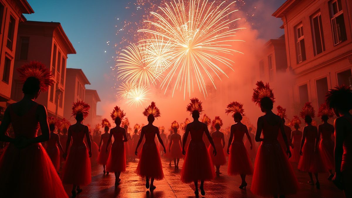 Défilé de carnaval avec feux d'artifice et danseurs