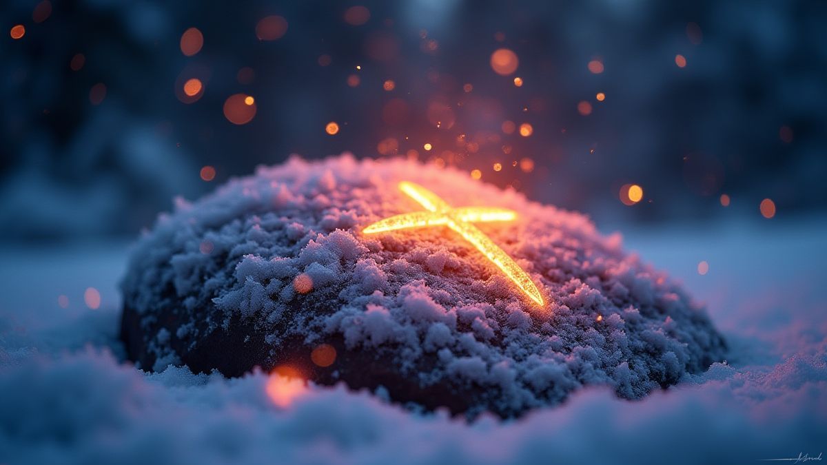 Piedra rúnica brilhante rodeada de neve e luzes místicas.