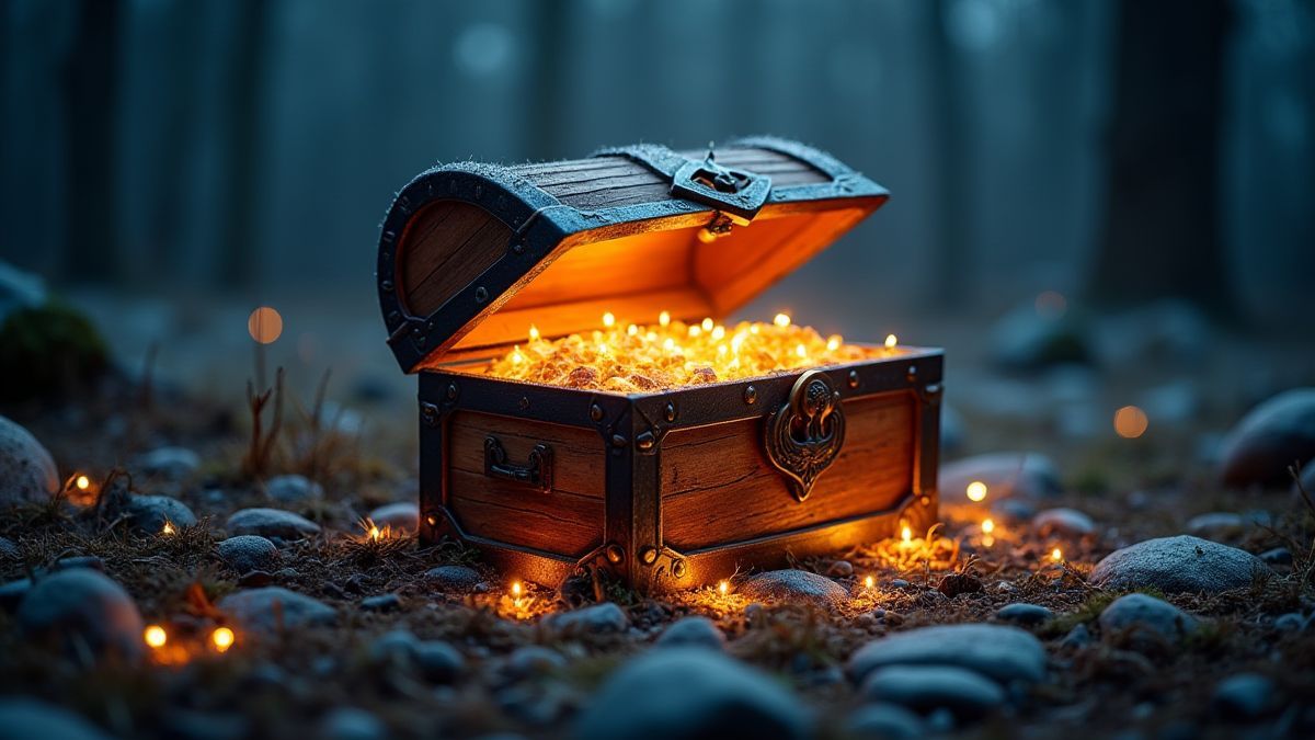 Cofre do tesouro nórdico brilhante com luz mágica.