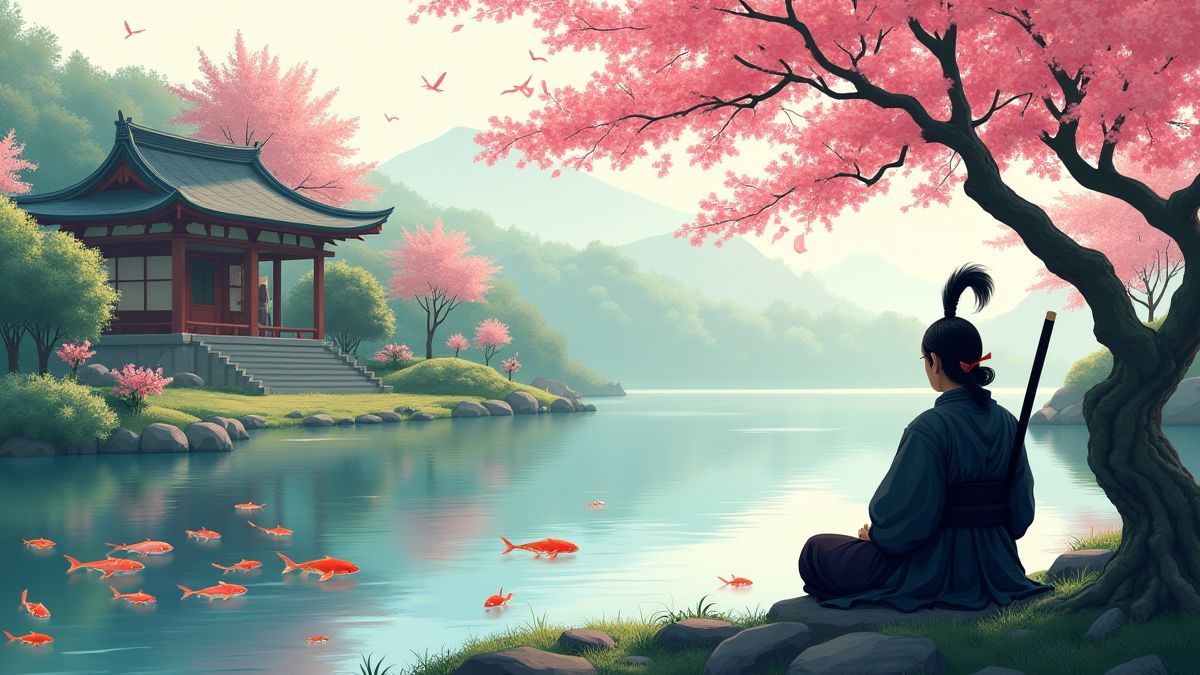 Un jardin japonais avec un étang de koi et un samouraï méditant sous un cerisier en fleur.