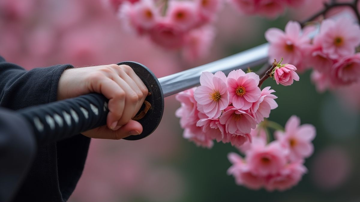 Um samurai segurando uma katana com flores de cerezo ao fundo.