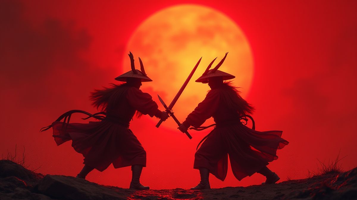 Samurai-Schwertkampf bei Sonnenuntergang