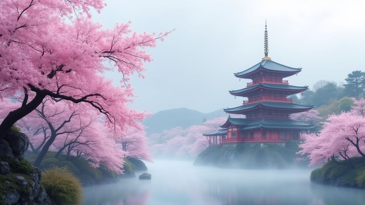 Templo japonés rodeado de cerezos en flor.