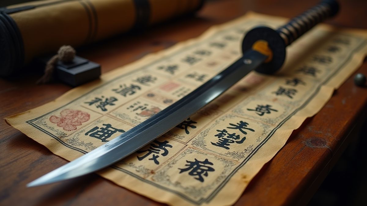 Katana sobre una mesa de madera junto a pergaminos japoneses.