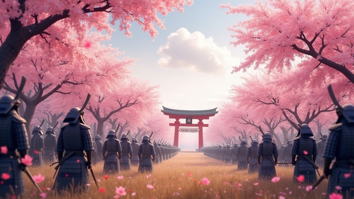 Champ de bataille japonais traditionnel avec des cerisiers en fleurs et des bannières de samouraïs.