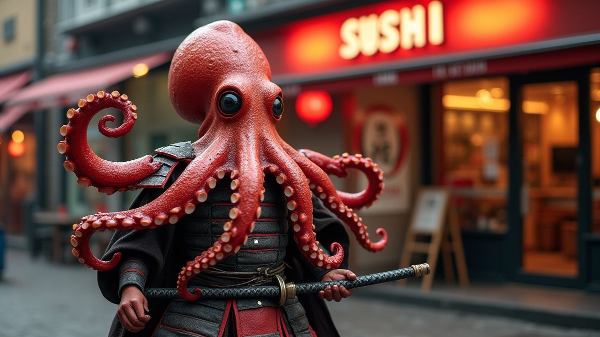 An octopus samurai with a katana in front of a sushi restaurant.