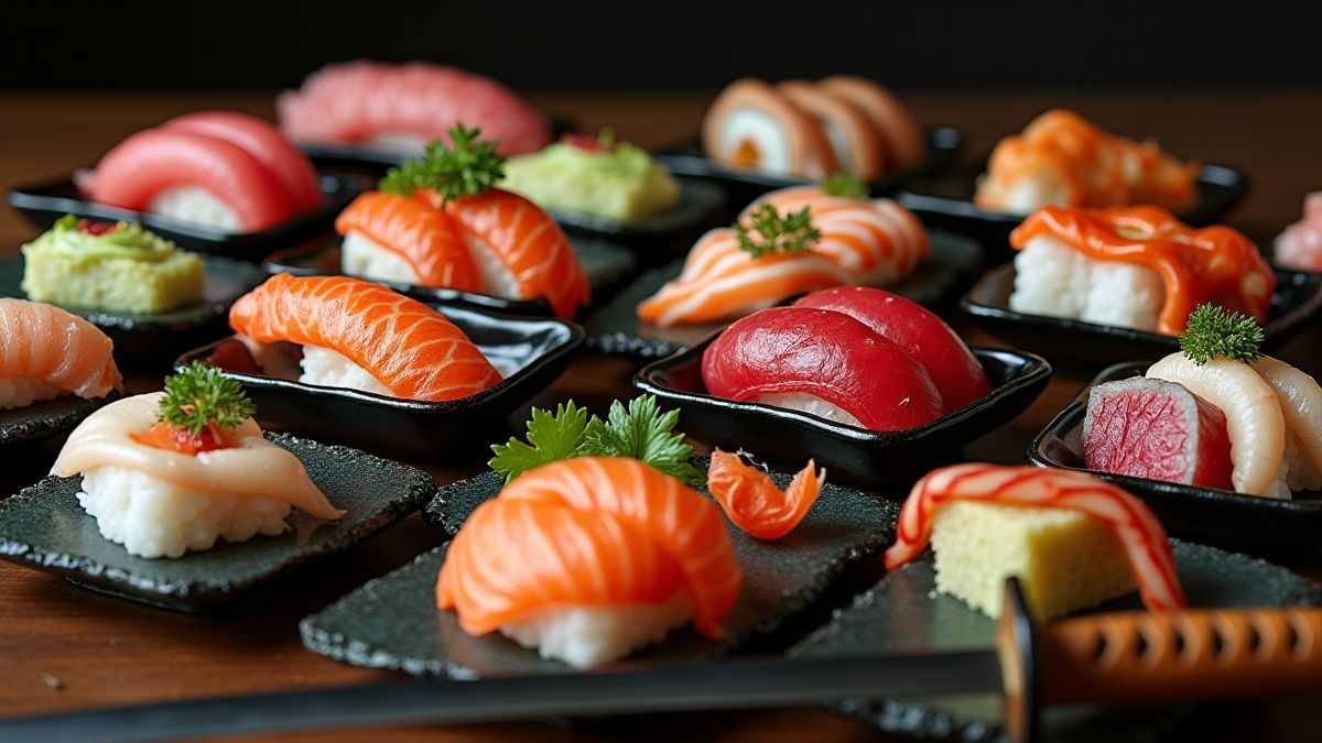 A table full of sushi dishes with a katana beside it.