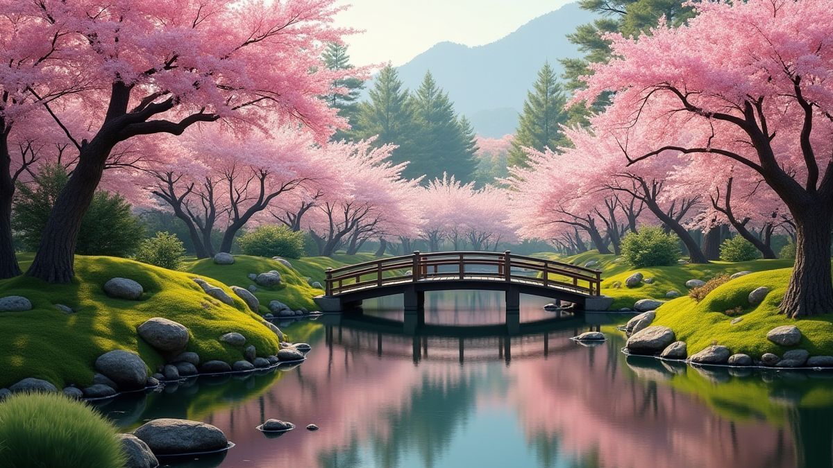 Vista de um jardim japonês com flores de cerezo e uma ponte de madeira.
