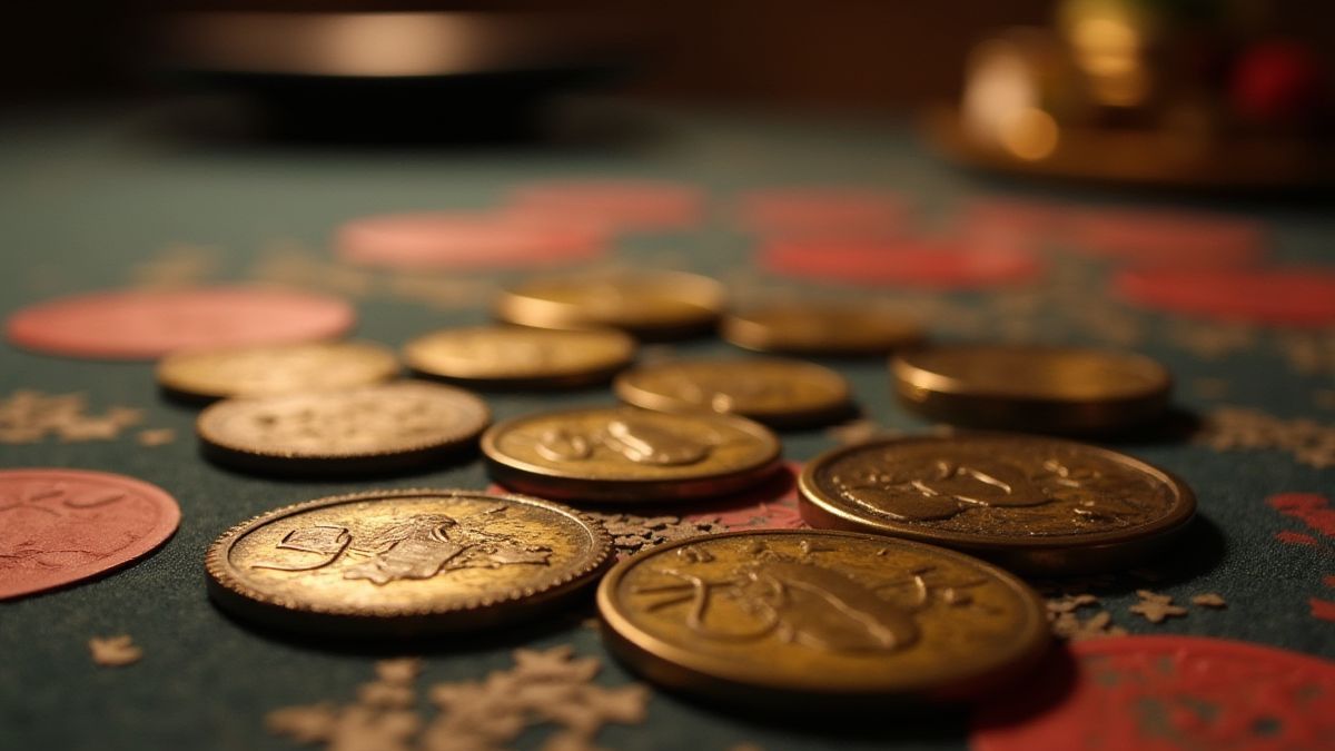 Mesa com moedas e fichas japonesas usadas para apostar.